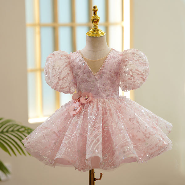 Baby Girl Birthday Party Dresses Girl Cute Sequined Puff Sleeves Formal Princess Dresses