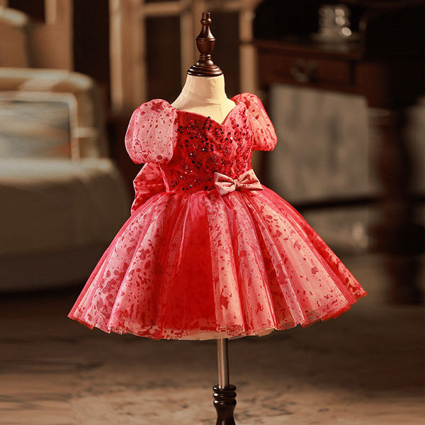 Flower Girl Dress Toddler Wine Red Puff Sleeve Sequin Bow Puffy Princess Dress