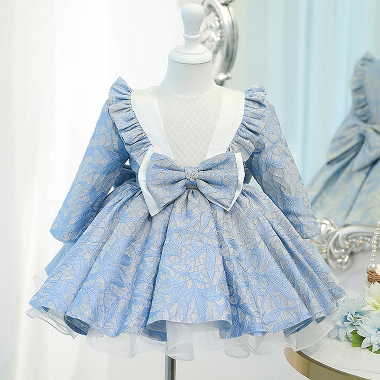 Baby Girl Princess Dress Girl Blue Long Sleeve Bow Knot Fluffy Formal Dresses