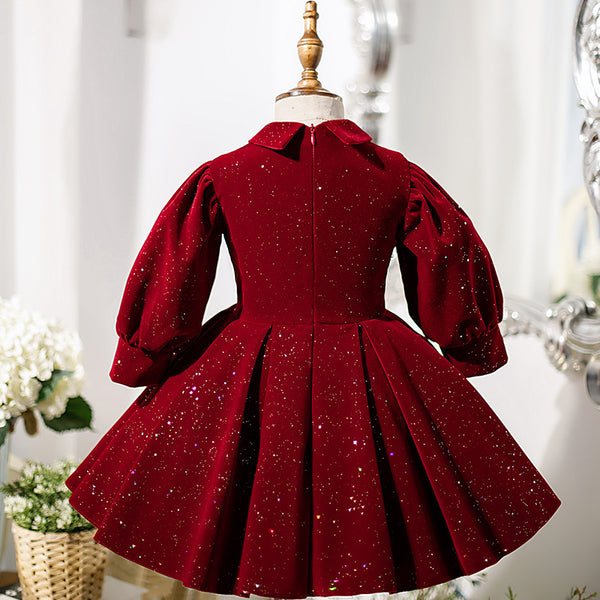 Baby Girl Dress Toddler Easter Birthday Party Dress Winter Red Long Sleeve Square Neck Sequined Princess Dress