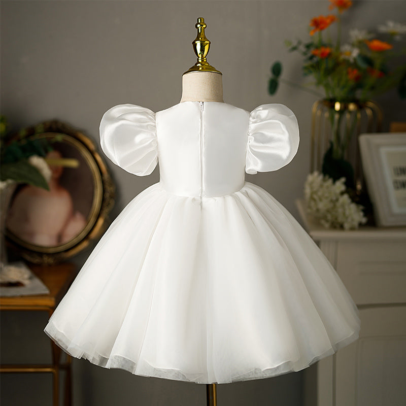 Flower Girl Dress Toddlers Summer Formal Floral White Puff Sleeve Baptism Dress