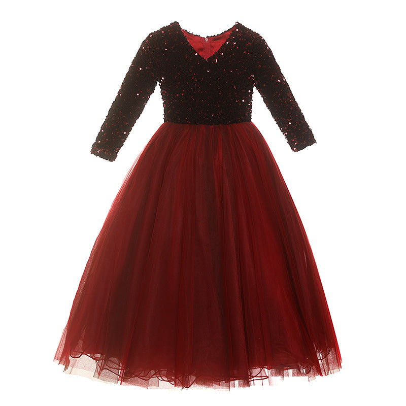 Girl Communion Dress Little Girl Red Sequins Long Sleeve Pageant Princess Dress