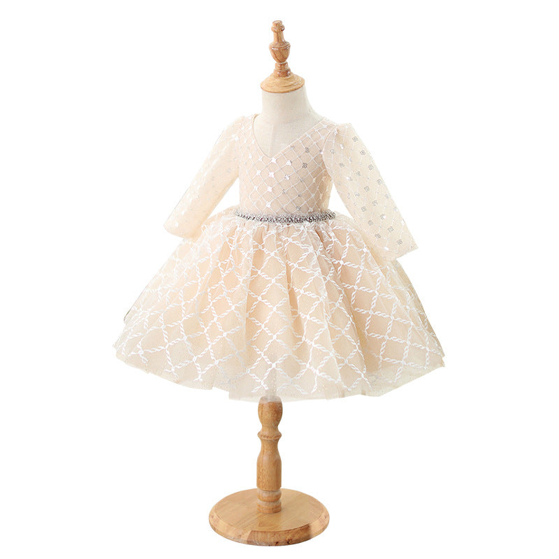 Toddler ball Gowns Girl Long Sleeve Sequin Back Hollow Bead Formal Princess Dress