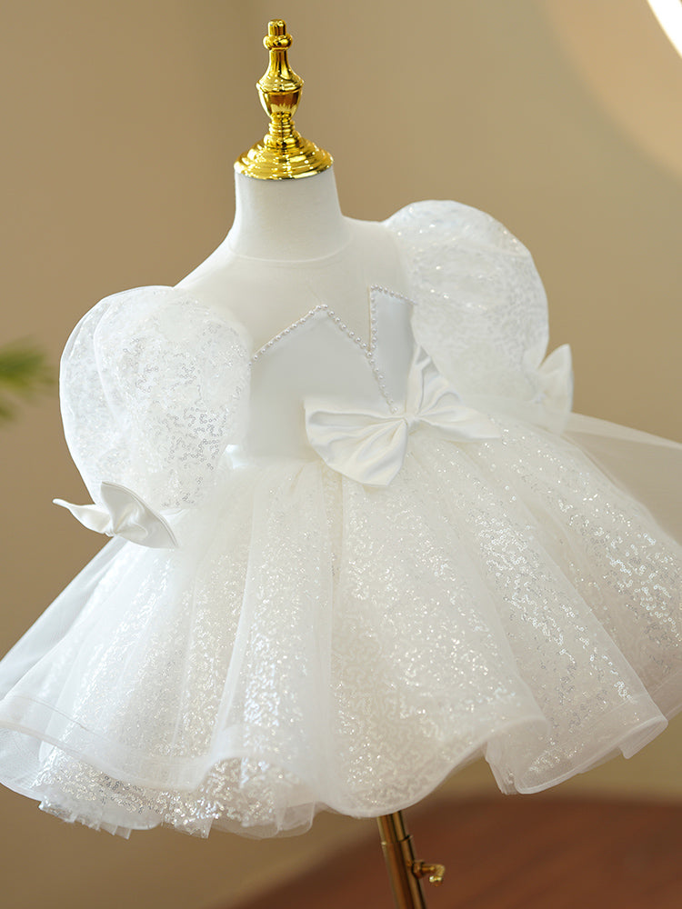 Baptism Dresses Baby Girl White Cute Bow Knot Sequin Birthday Party Dresses Toddler Ball Gowns