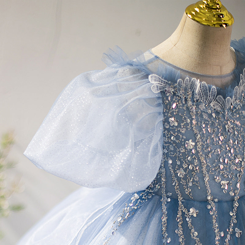 Girl Princess Dress Children Elegant Blue Sequins Trailing Birthday Party Communion Dress