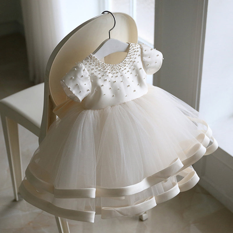 Baptism Dresses Baby Girl Summer White Bead Puffy Mesh Birthday Party Dress