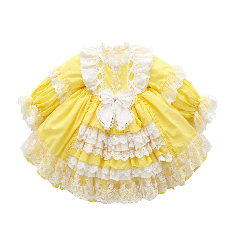 Baby Girl Princess Party Dress Yellow Lolita Lace Floral Girl Cake Dress