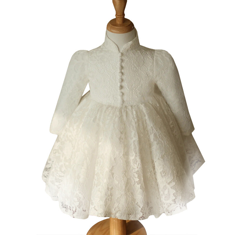 Girl White Long Sleeve Stand Collar Lace Princess Dresses Baby Girl Formal Dresses