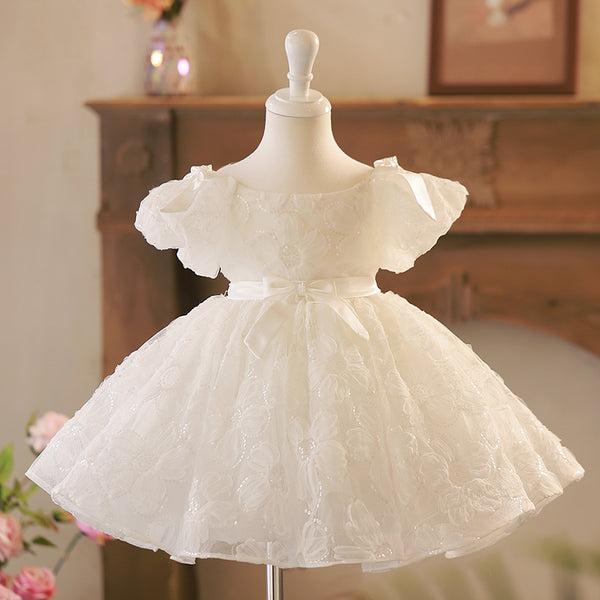Toddler Prom Dress Girl White Sequins Puffy Pageant Princess Dress