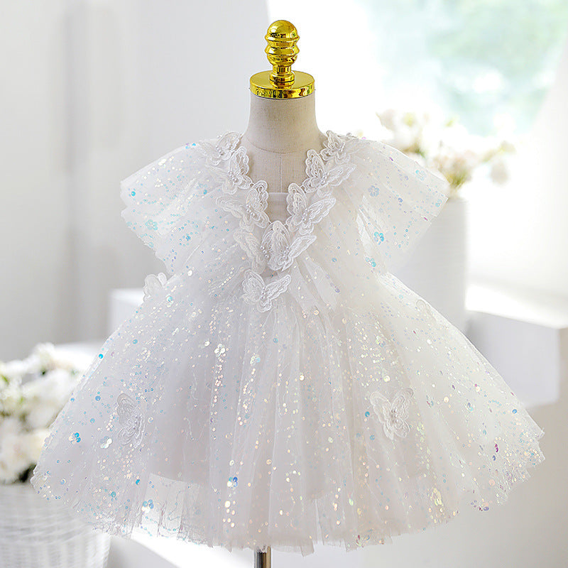 Baby Girl Easter Dress White Puffy Butterfly Sequins Birthday Party Princess Christening Dress