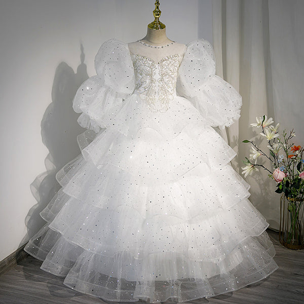 Girl First Communion Dress Children White Puffy Beauty Pageant Princess Christening Dress
