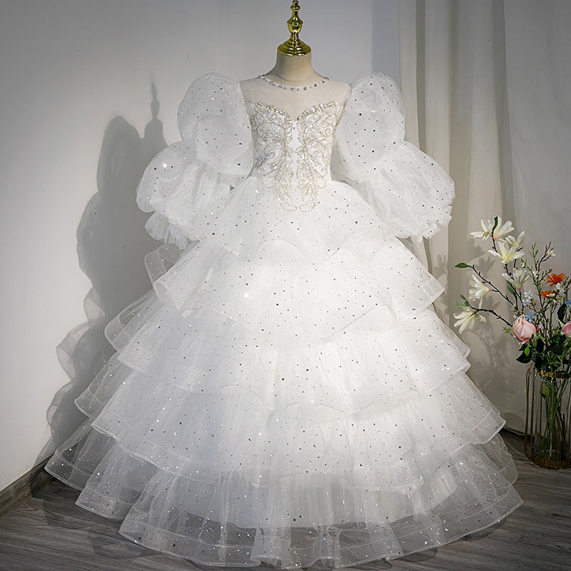 Girl First Communion Dress Children White Puffy Beauty Pageant Princess Christening Dress