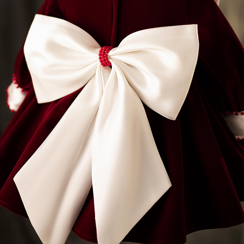 Girl Christmas Dress Baby Girls Birthday Dresses Toddler Wine Red Bow Formal Princess Dress