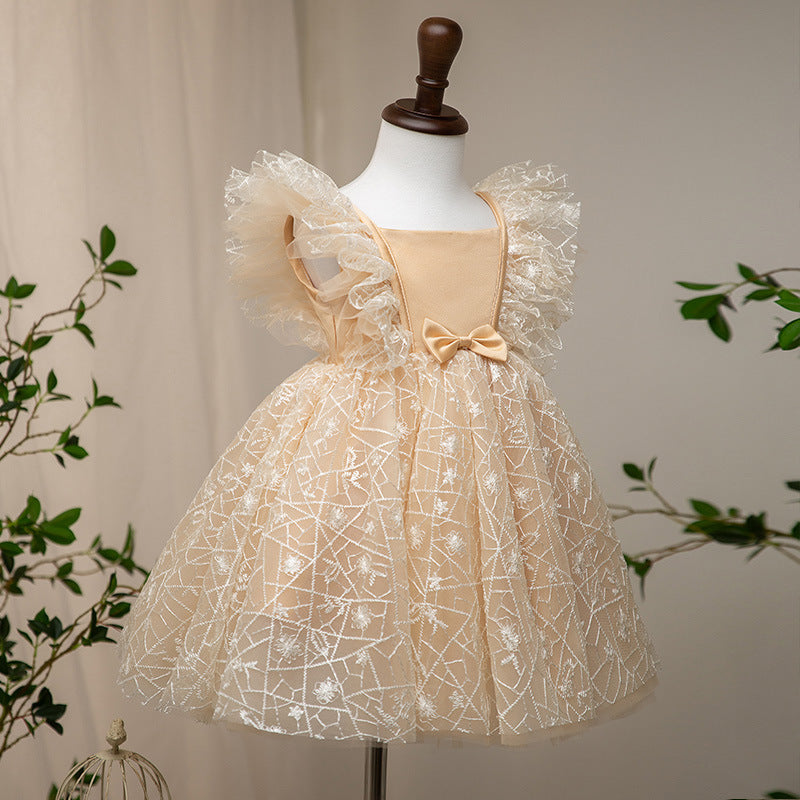 Flower Girl Dress Toddler Small Fly Sleeve Champagne Pageant Princess Dress