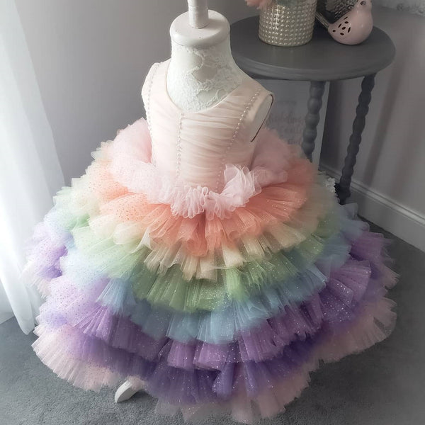 Girl Rainbow Dress Baby Girl Colorful Birthday Party Dress Toddler Formal Princess Dresses