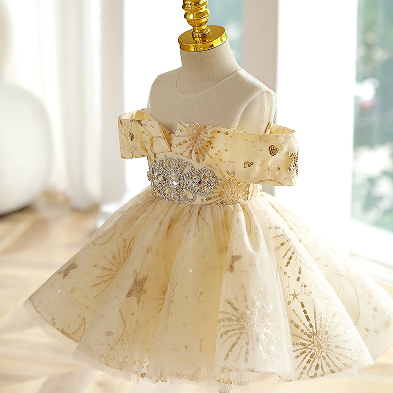 Girls Champagne Sequins Party Birthday Princess Dress