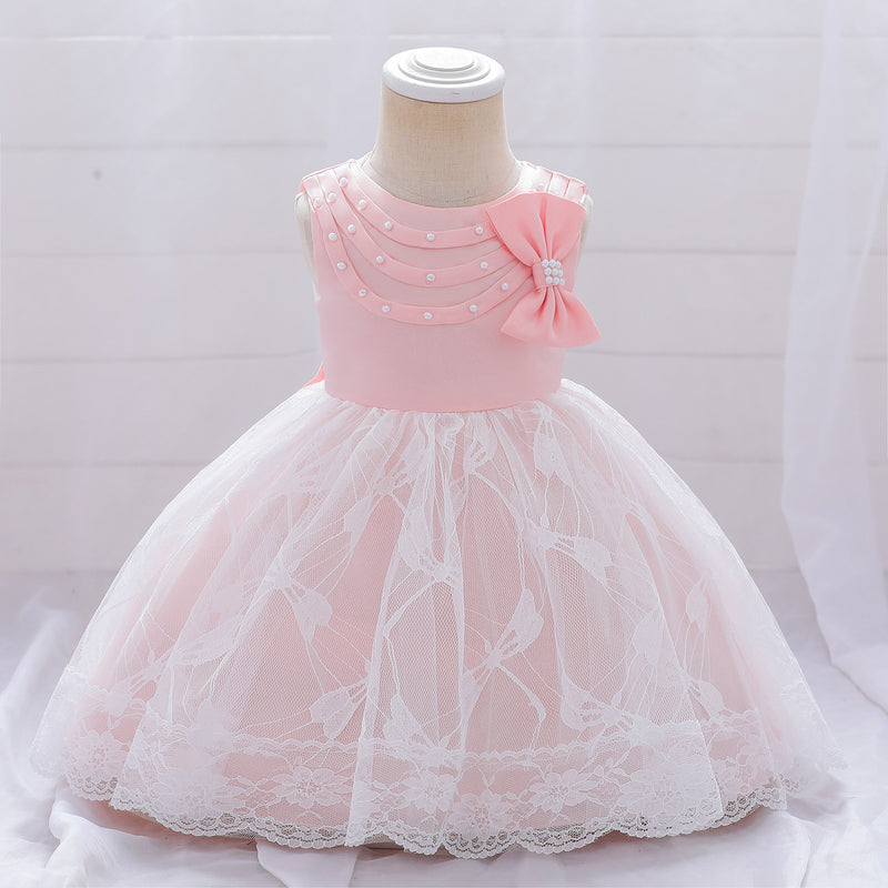 Baby Girl First Communion Dress Toddler Flower Beaded Bow Mesh Puffy Princess Dress