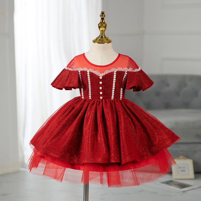 Toddler Girl Princess Dress Red Elegant Bead Mesh Puffy Birthday Party Dress
