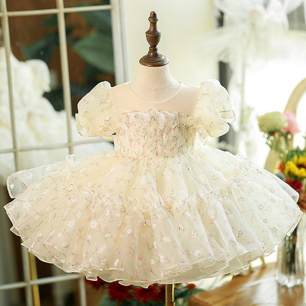 Baby Girl Dress Toddler Prom Wrinkle White Puffy Wedding Princess Dress