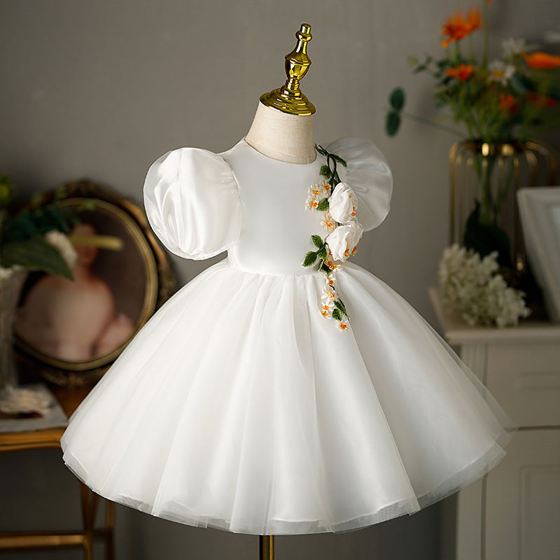 Flower Girl Dress Toddlers Summer Formal Floral White Puff Sleeve Baptism Dress, White / 0-1 Year (80cm)