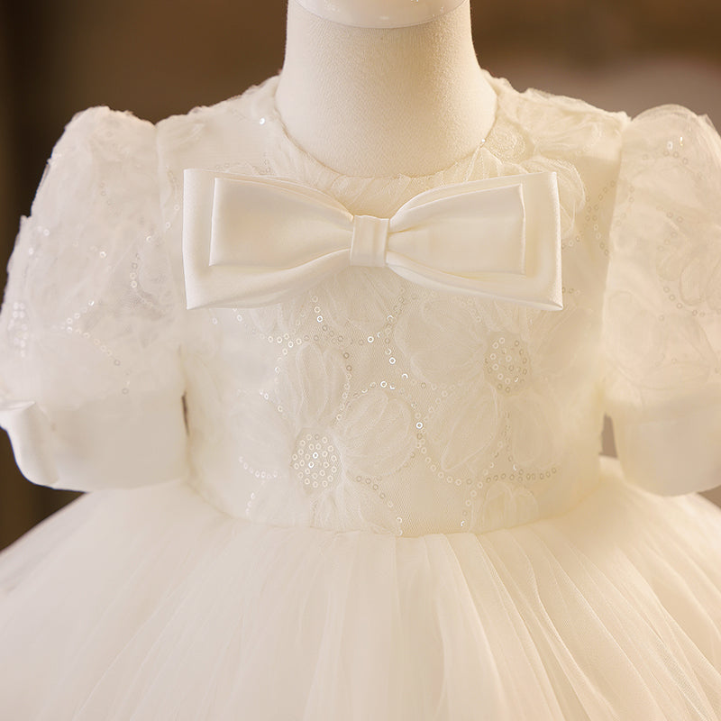 Newborn White Bow Baptism Dress  Baby Girl Sequins Dress Toddler Prom Dress