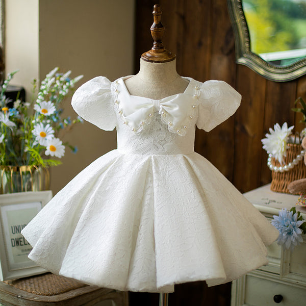 Toddler Ball Gowns Girl Summer White Lace Bow Puff Sleeves Sleeve Baptism Princess Dress