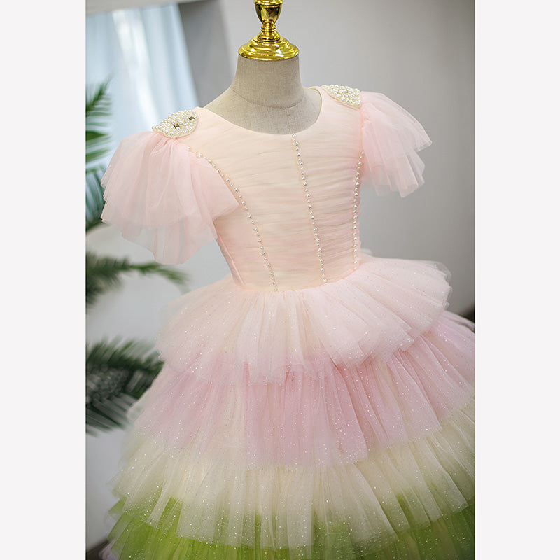 Flower Girl Dress Children Summer Rainbow Colorful Mesh Fluffy Skirt Cake Princess Party Dress