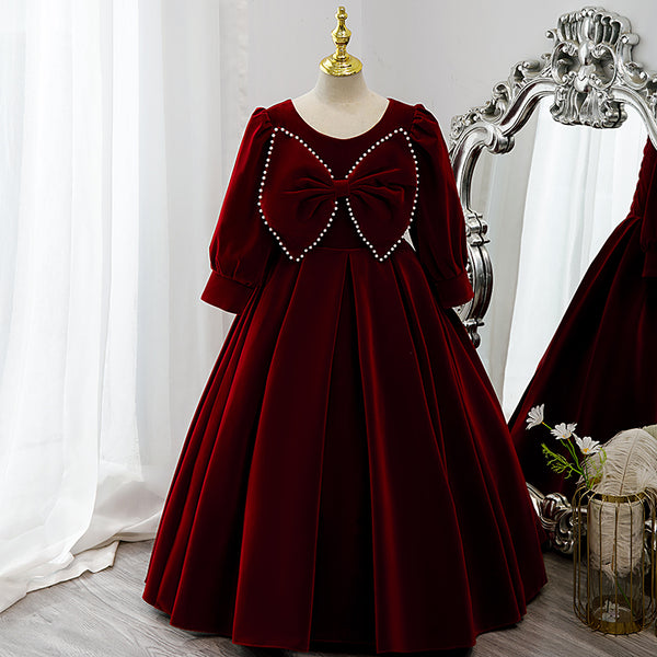 Flower Girl Dress Children Communion Elegant Red Velvet Bow Knot Long Sleeve Princess Dress