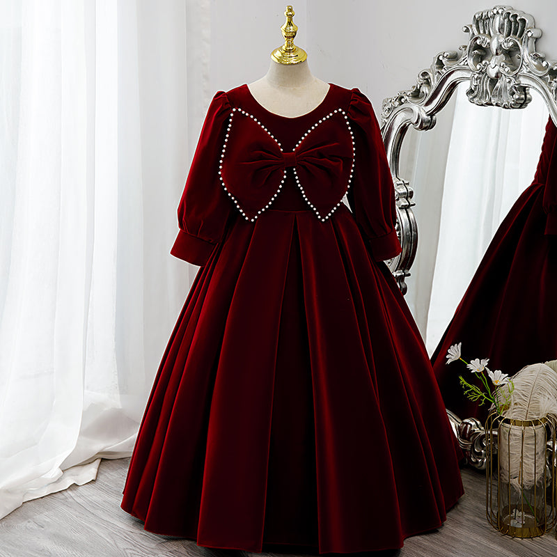Flower Girl Dress Children Communion Elegant Red Velvet Bow Knot Long Sleeve Princess Dress Flower Girl Dress Children Communion Elegant Red Velvet Bow Knot Long Sleeve Princess Dress