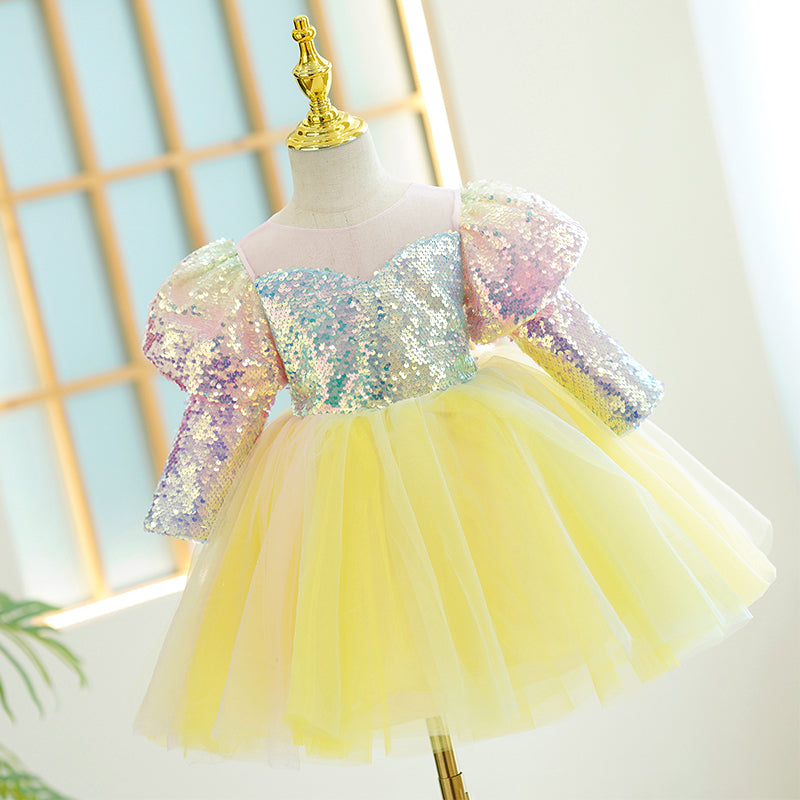 Baby Girl Dress Toddler Prom Puff Sleeves Sequins Puffy Birthday Party Dress