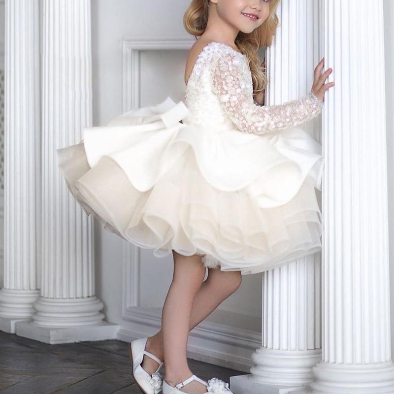 Toddler Girl Birthday Party Dress White Long Sleeve Bow Puffy Girl Dress Princess Dress