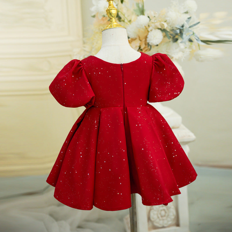 Girl Christmas Dress Baby Girl Day Red Square Neck Bow Princess Dress