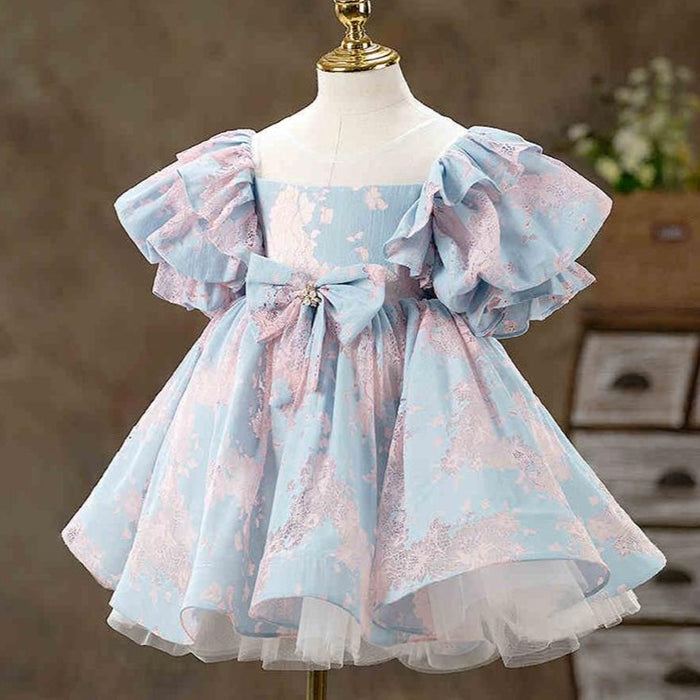 Baby Girl and Toddler Summer Puff Sleeve Bow Princess Party Dress, Light Blue / 7-8 Years (140cm)