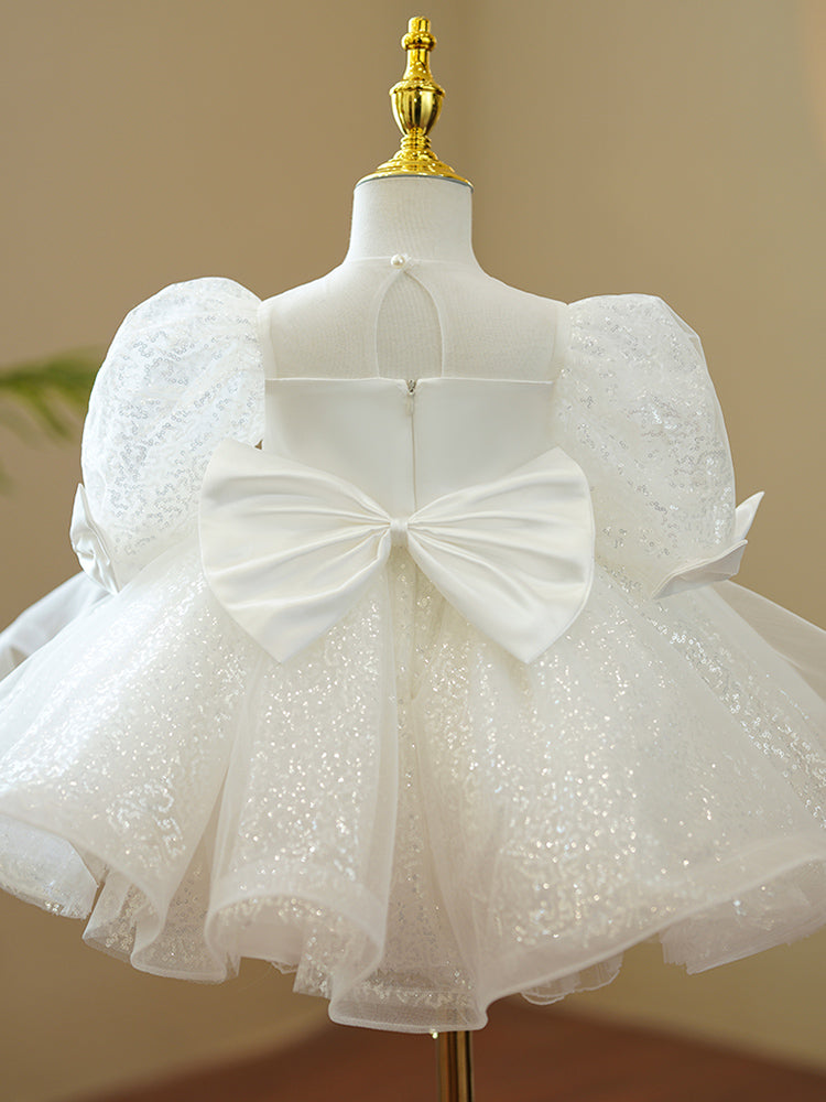 Baptism Dresses Baby Girl White Cute Bow Knot Sequin Birthday Party Dresses Toddler Ball Gowns
