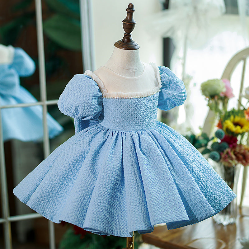 Baby Girl Dress Toddler Puff Sleeves Summer Beaded Big Bow Princess Dress