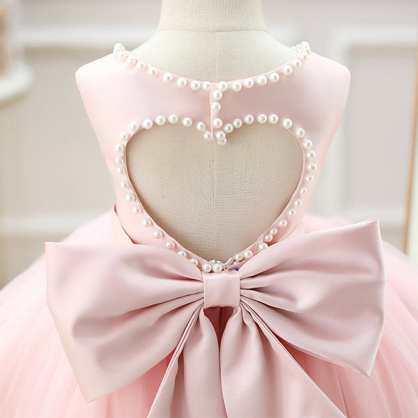 Toddler Birthday Party Dresses Baby Girl Pink Beaded Cutout Backless Formal Princess Dress