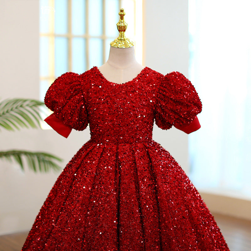 Girl Christmas Dress First Communion Dress Red Sequin Round Neck Birthday Party Princess Dress