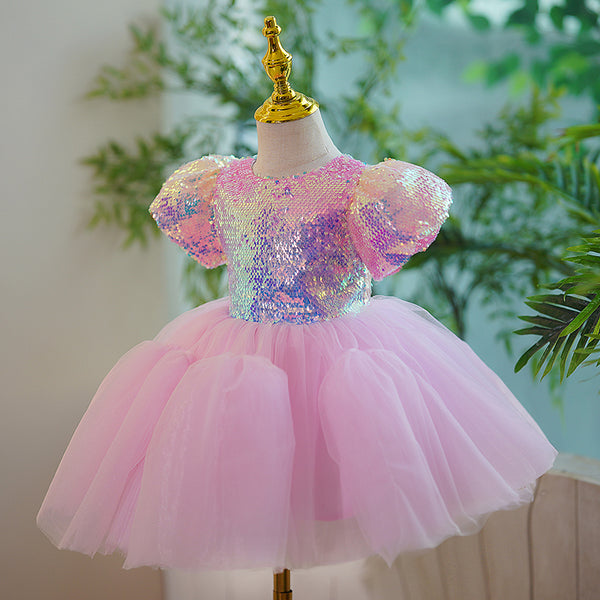 Baby Girl and Toddler Birthday Party Dress Sequin Puffy Puff Sleeve Princess Dress