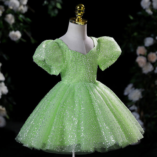 Baby Girl Dress Toddler Ball Gowns Summer Green Puff Sleeve Sequin Princess Dress