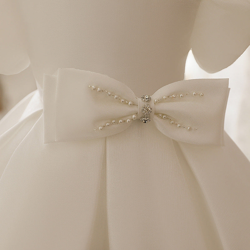 First Communion Dress Baby Girl White Textured Puff Sleeves Puffy Bow Princess Christening Dress