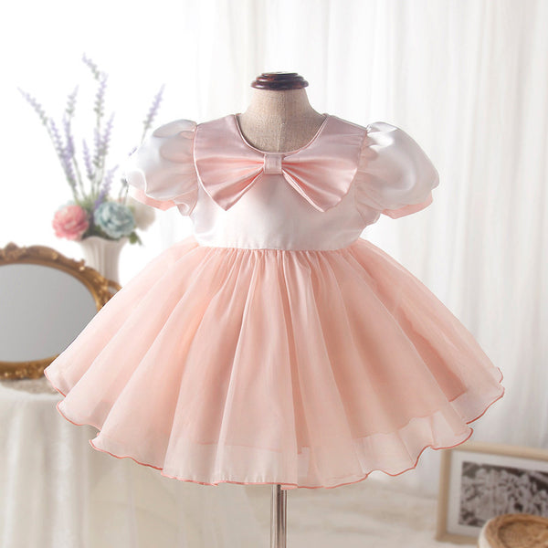 Baby Girl Dress Toddler Party Puff Sleeves Pink Bow Puffy Princess Dress
