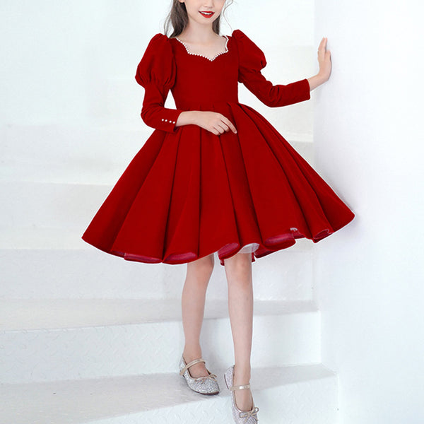 Girl Christmas Dress First Communion Dress Girl Elegant Pageant Dresses Baby Girl Red Long Sleeve Fluffy Princess Dress