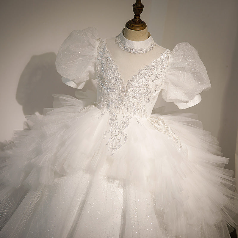 Children First Communion Dress Flower Girl White Elegant Pageant Wedding Puffy Princess Dress