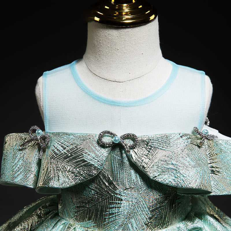 Baby Girl Dress Toddler Vintage Beaded Bow Off Shoulder Princess Party Dress