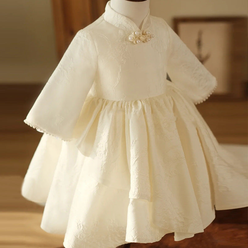 Flower Girl Dress Toddler Autumn Winter Vintage Long Sleeve White Christening Dress