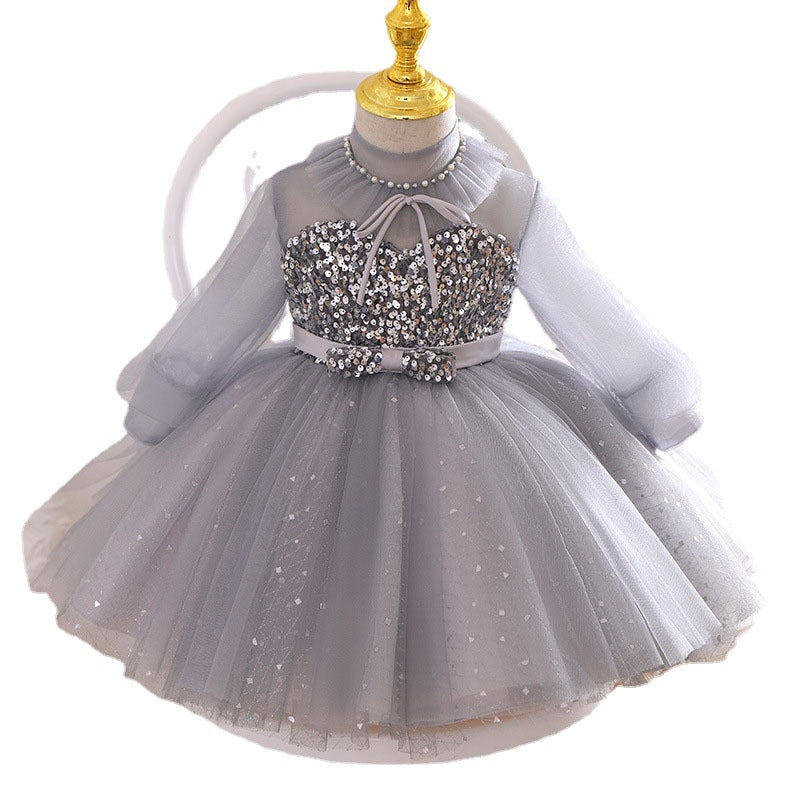 Girls Birthday Party Dress Long Sleeve Sequin Flower Girl Puffy Pageant Princess Dress