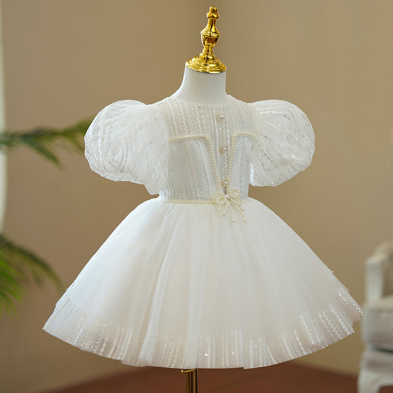 Baby Girl and Toddler White Puff Sleeve Beaded Puffy Christening Dress