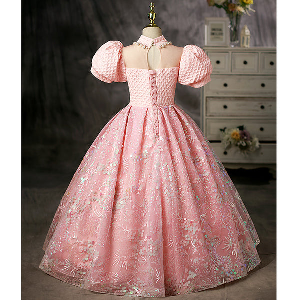 Toddler Ball Gowns Girl  Luxury Sequins Pink Puff Sleeves Princess Pageant Communion Dress