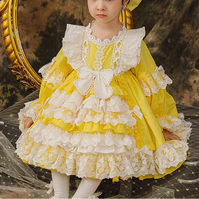 Baby Girl Princess Party Dress Yellow Lolita Lace Floral Girl Cake Dress