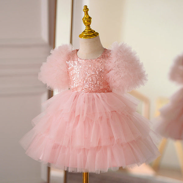 Baby Girl Summer Pink Puffy Princess Dress Toddler Birthday Party Dress